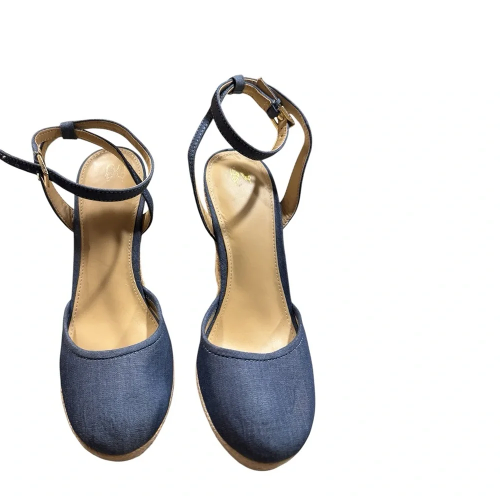 EUC Victoria's Secret ESPADRILLE NAVY CANVAS ANKLE STRAP WEDGE SANDAL …